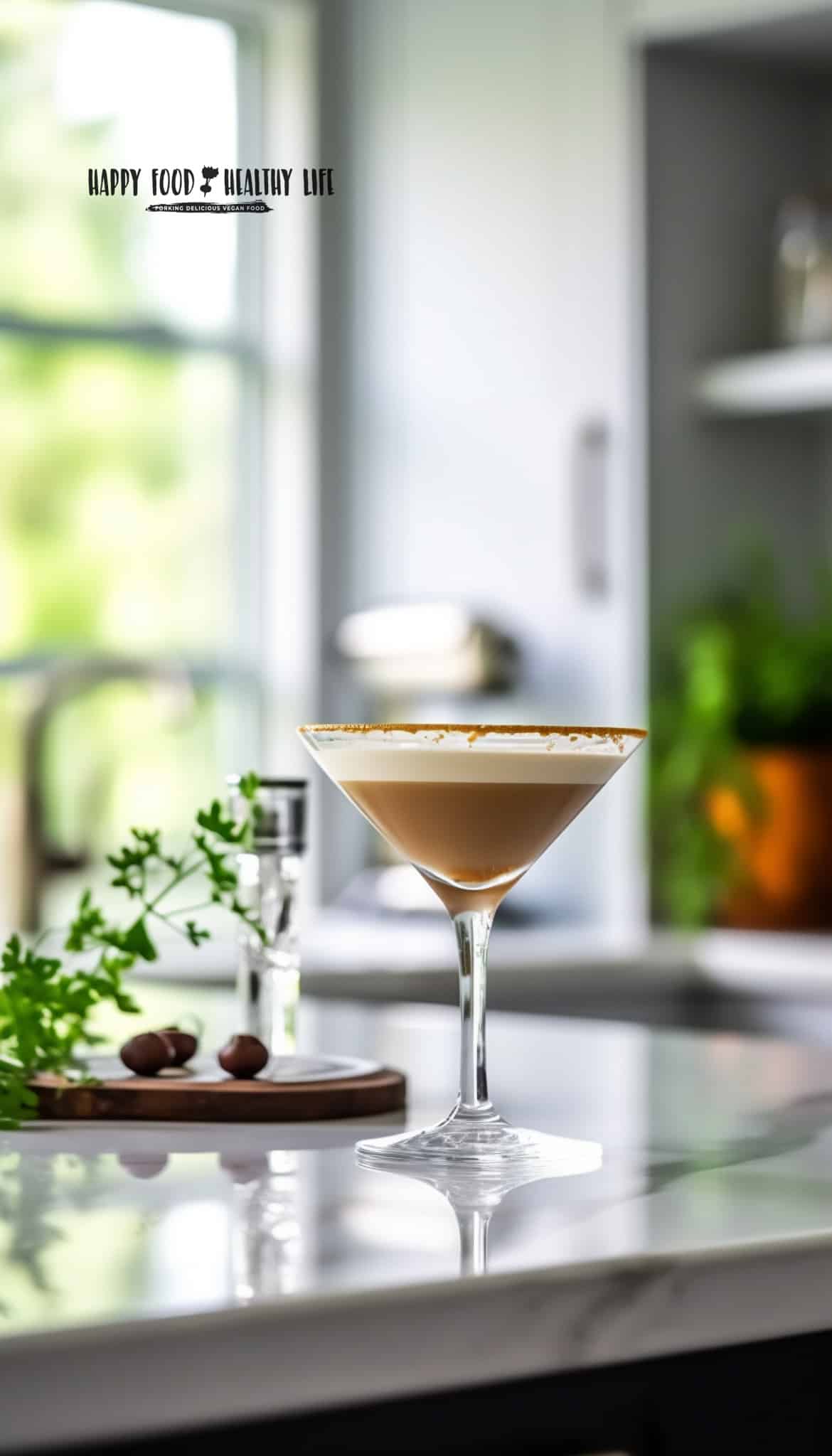martini glass full of brown and white liquid on a white counter top in a kitchen that is light and bright, you can see a window and greenery in background
