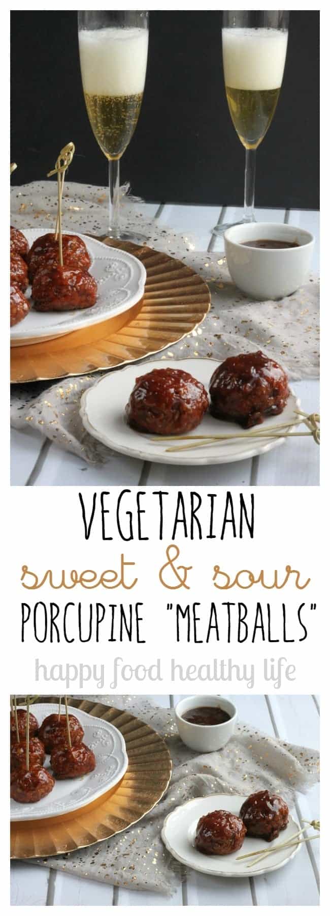 Vegetarian Sweet & Sour Porcupine "Meatballs" - this is hands-down the best meatless appetizer I've ever brought to a party - and they were gone in a flash! | www.happyfoodhealthylife.com
