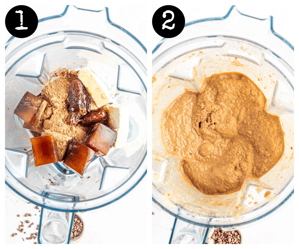 a side by side image where the left side shows all ingredients in a blender and the right side shows all the ingredients blended into a mocha frappuccino.