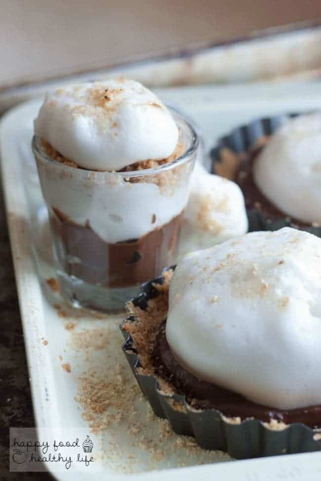 Vegan S'mores Dessert Served Two Ways - Make the 3 super simple components of this recipe and YOU choose how to serve it. Either as a mini tart or a mini dessert shooter - Either way, it's delicious, totally vegan, and even a little healthy! | Happy Food Healthy Life
