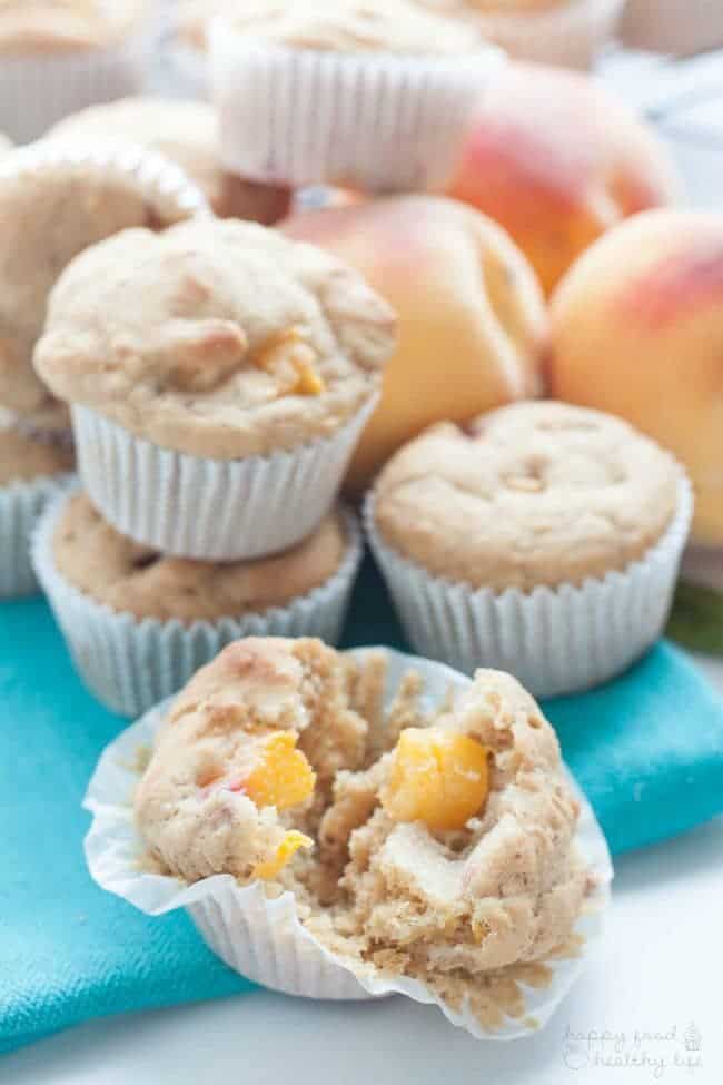 Whole Wheat Healthy Peach Muffins - a healthy breakfast or snack recipe that's perfect for when you're in a hurry and just need to grab something and go. And there's no added sugar!