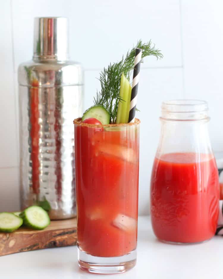 Bloody Mary in a glass with garnished and straw. Cocktail shaker and mix in background. 