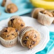 These Whole Wheat Dark Chocolate Banana Bread Muffins are the perfect healthy snack or breakfast. They come together in just a few minutes, PLUS you only have to dirty one large bowl. Total win. Click through for the recipe or pin for later! You're not going to want to lose this recipe!