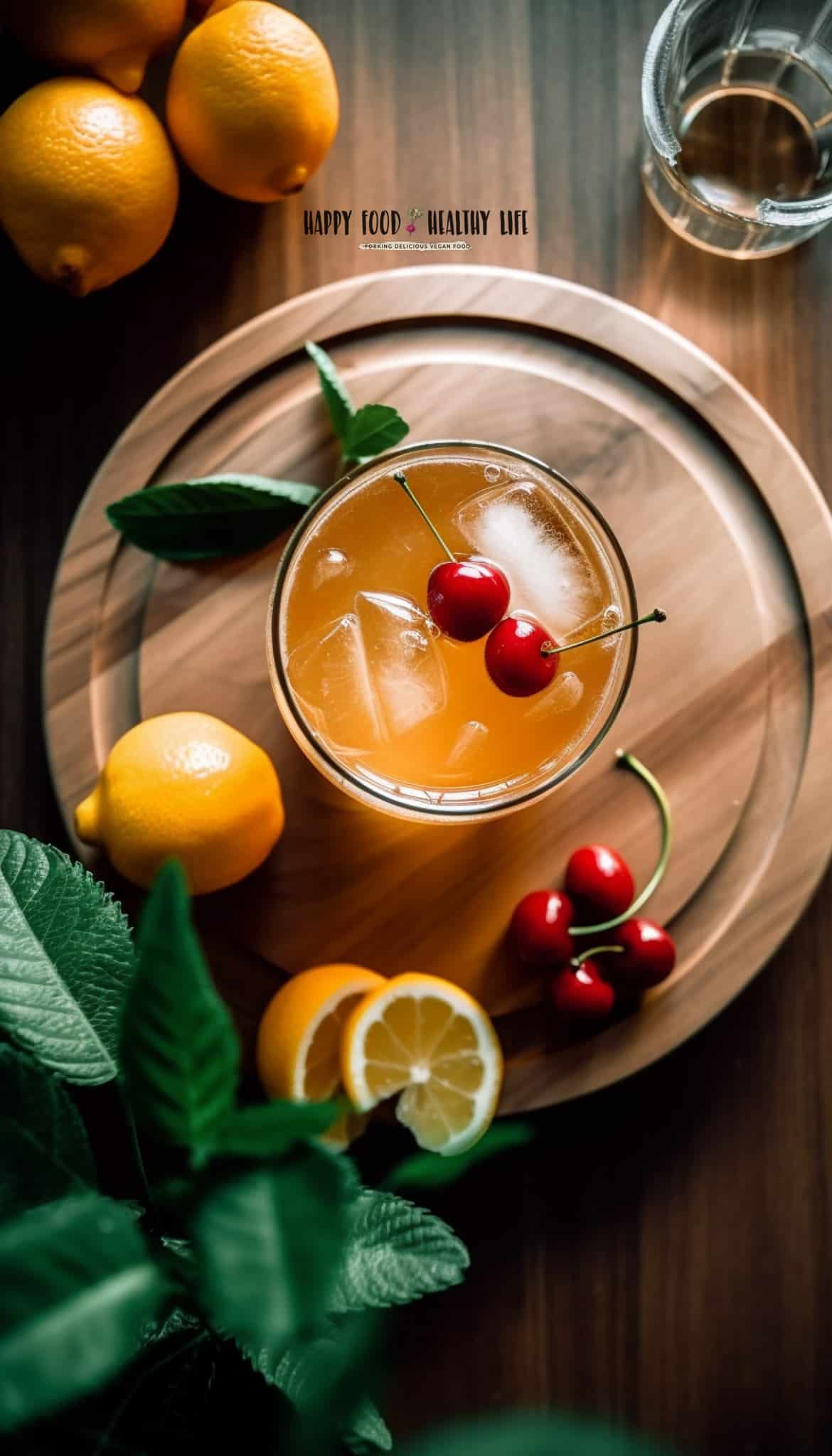 overhead top down view of a glass with yellow orange liquid in it on a wooden coaster, lemons and oranges sliced and cherries and fresh herbsw