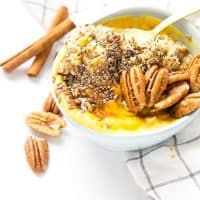 This Pumpkin Breakfast Bowl gives you the fall flavors you love in a healthy bowl of oatmeal, yogurt, pumpkin, and other nutritious goodies.