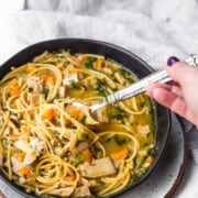 Comforting Meatless Chicken Noodle Soup - perfect comfort food for a vegetarian or vegan in your life.