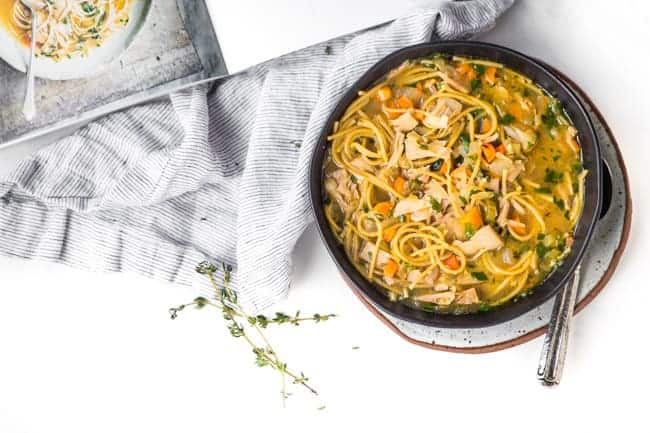 Comforting Meatless Chicken Noodle Soup - perfect comfort food for a vegetarian or vegan in your life.