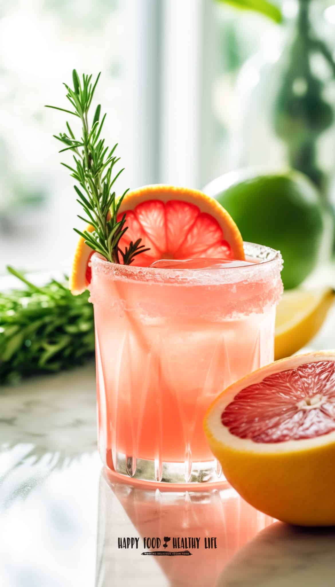side view of a low ball glass filled with ice cubes and pink liquid fresh rosemary and grapefruit in glass and also beside glass.