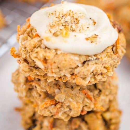 Vegan Carrot Cake Cookies topped with an indulgent vegan cream cheese frosting