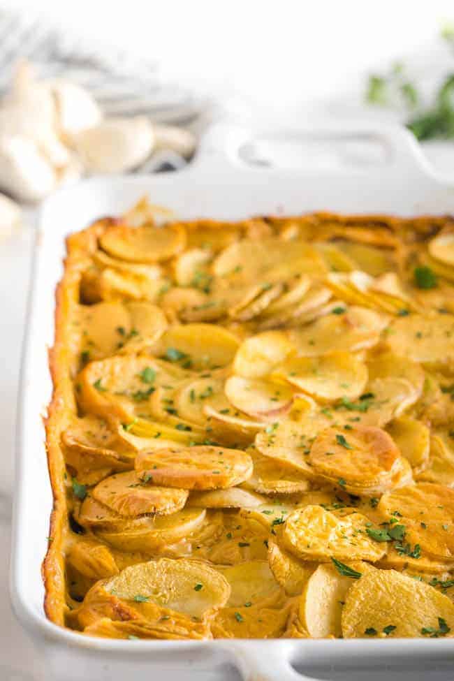 Vegan Scalloped Potatoes - Creamy Potatoes totally homemade and plant-based while still tasting totally indulgent