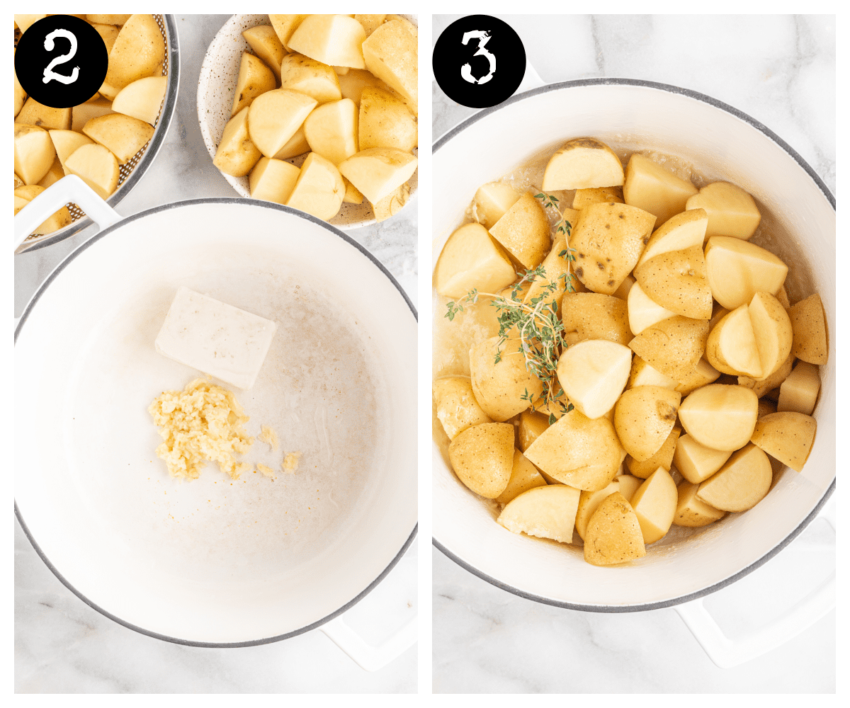 this is a collage of 2 images. The one on the left shows a pan of vegan butter and garlic. The image on the right shows the pan including yukon gold potatoes and fresh herbs.