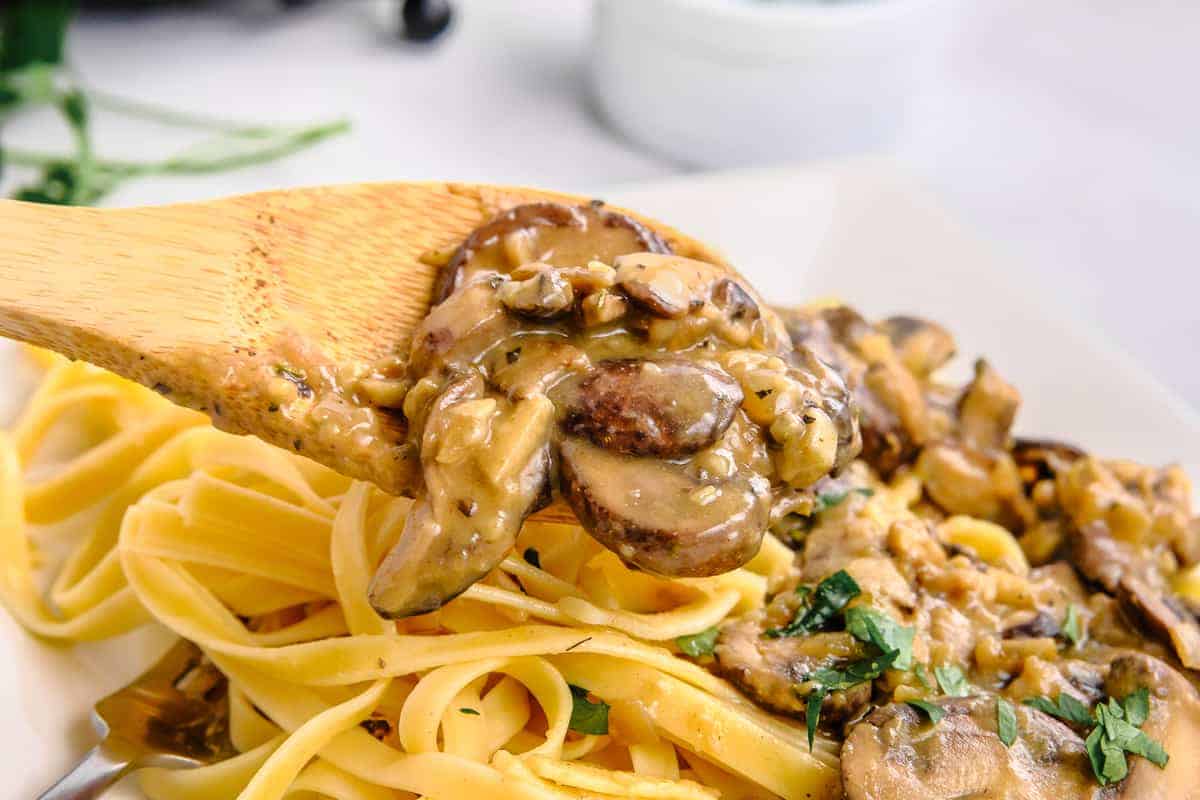 Vegan Mushroom Stroganoff Served over Pasta