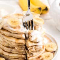 big bite of vegan banana pancakes