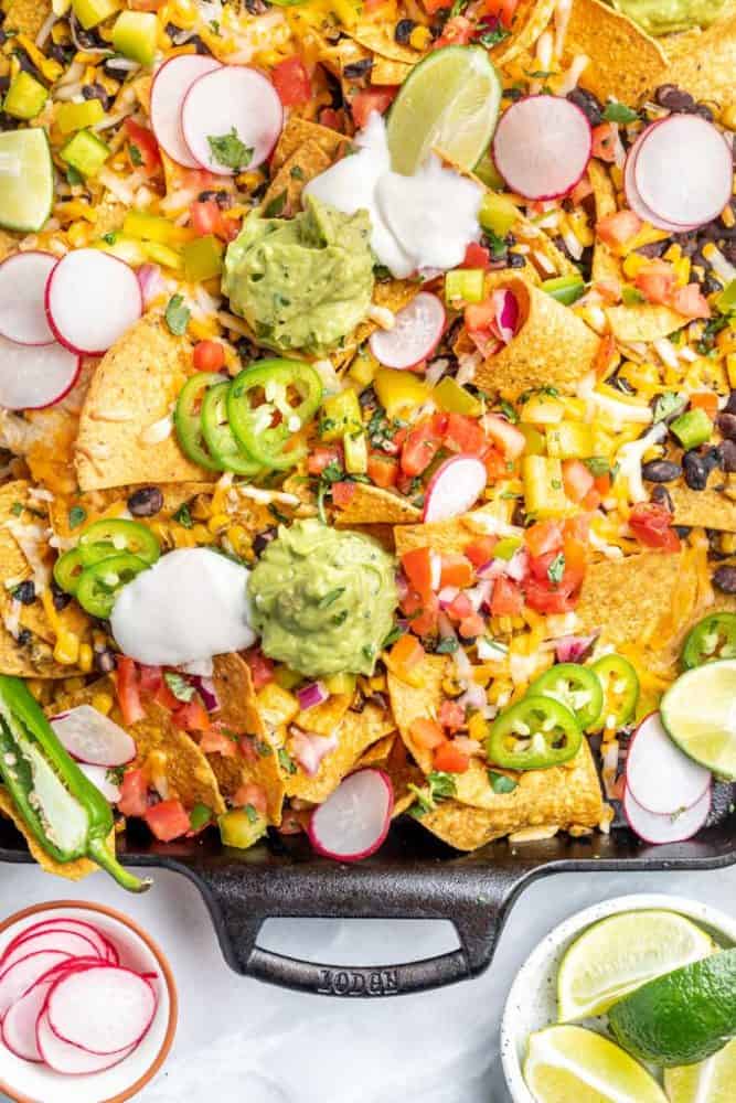 overhead view of vegan sheet pan nachos