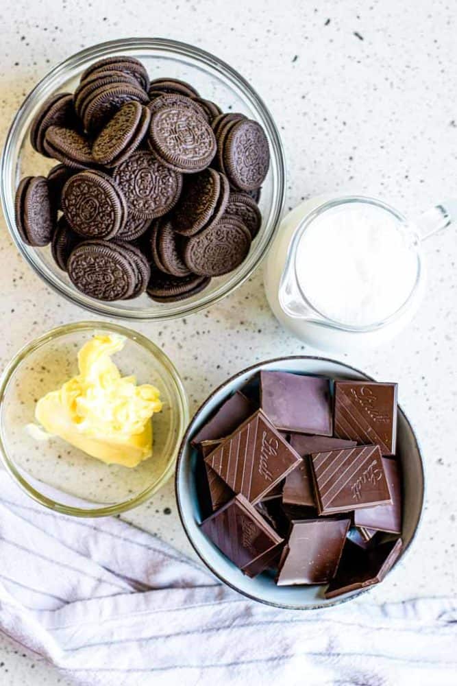 bowls of ingredients needed for no-bake chocolate tart.