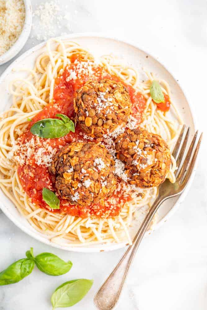 plate of Meatless Meatballs on spaghetti with marinara.