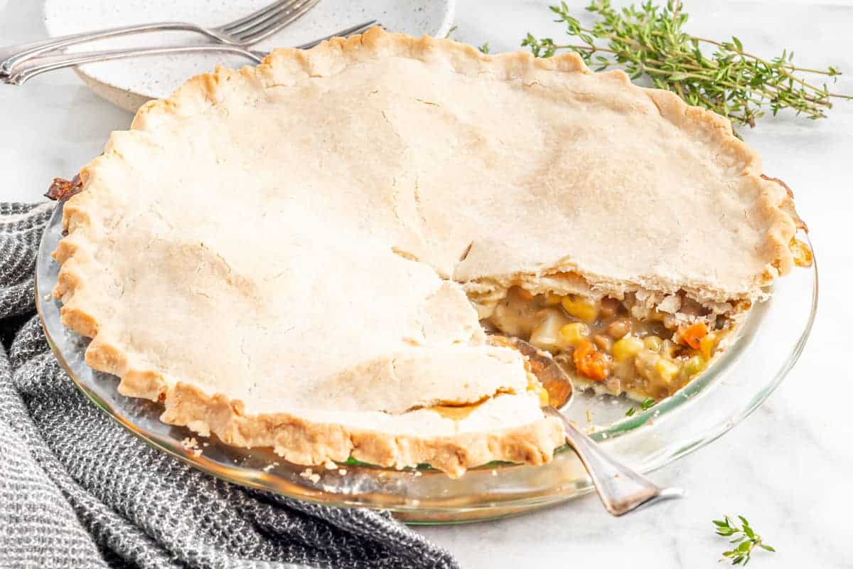 vegan pot pie with slice cut out