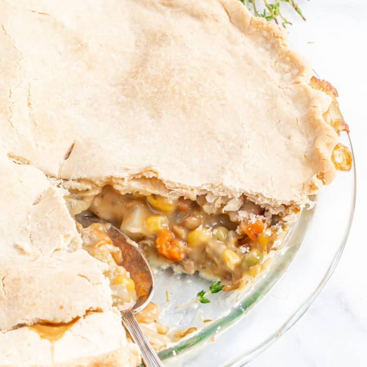 closeup of vegetarian pot pie with a serving taken out