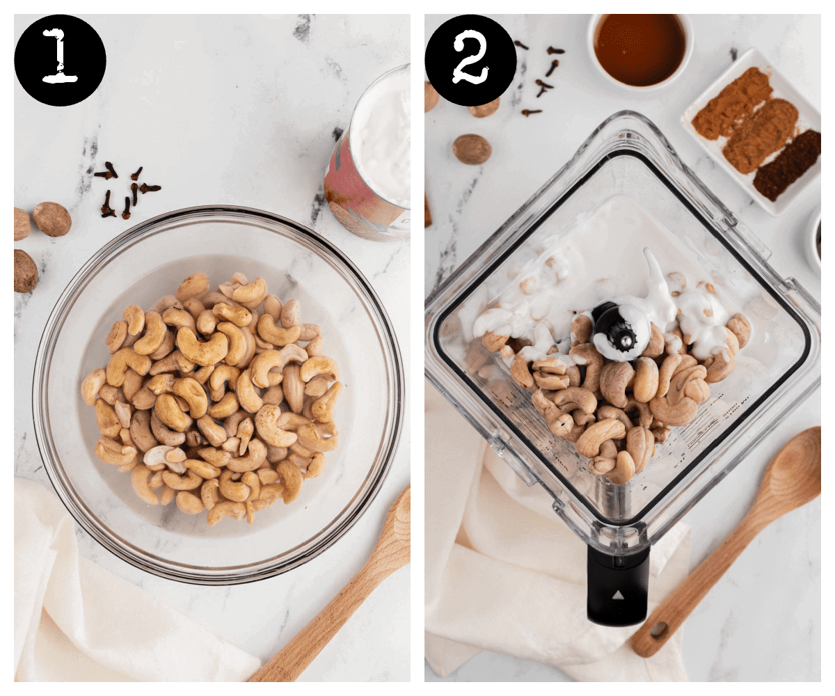image on the left of soaking cashews. image on the left of coconut milk and cashews in a blender.