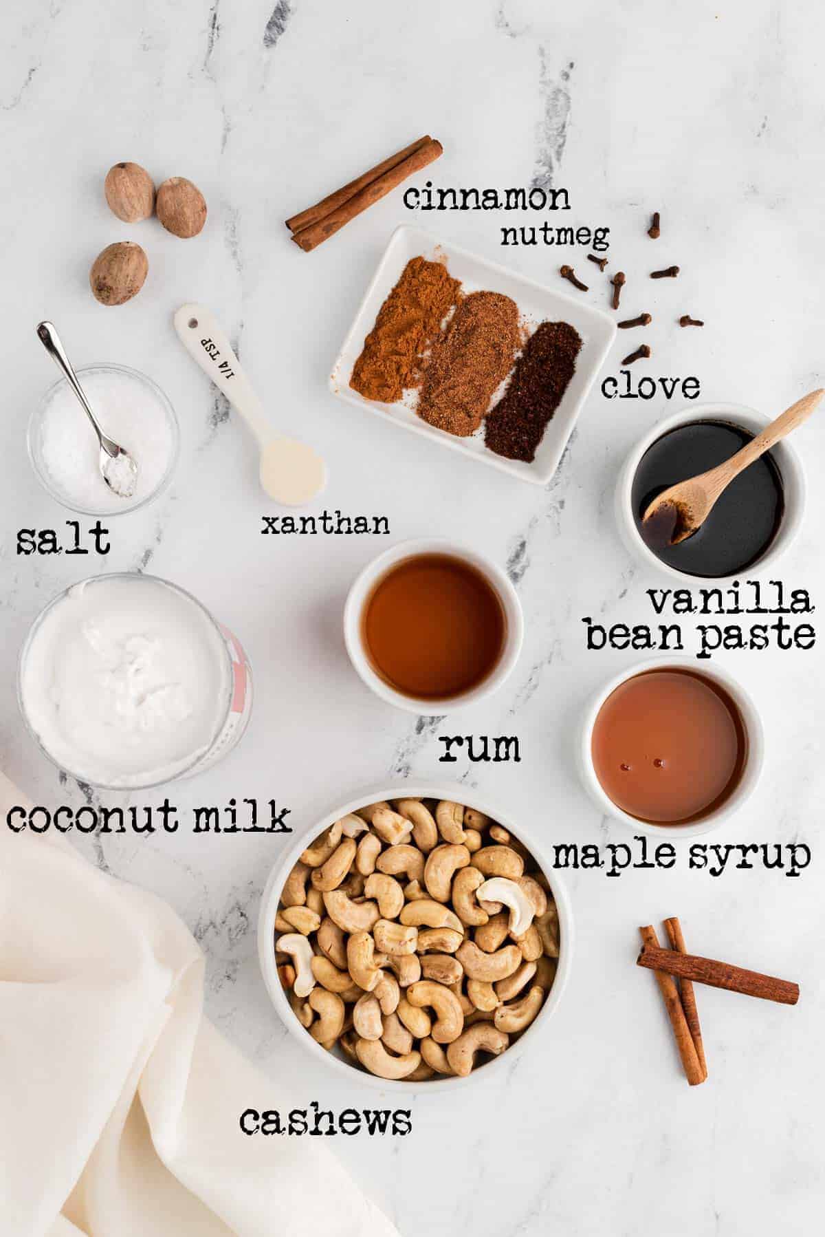 labeled ingredients needed for a vegan eggnog recipe