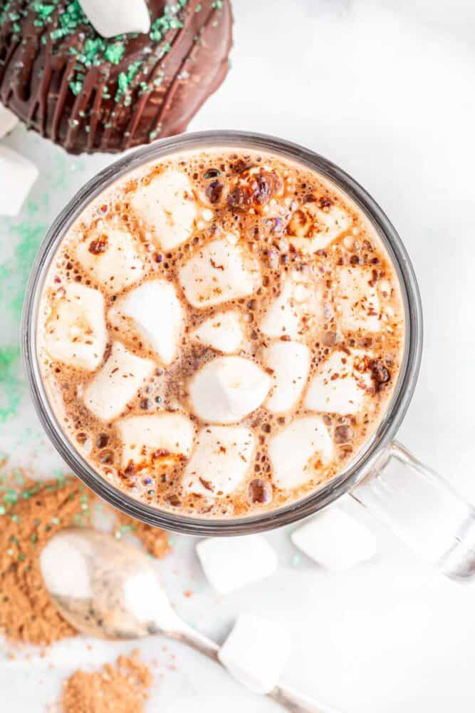 overhead shot of hot chocolate with a lot of mini marshmallows