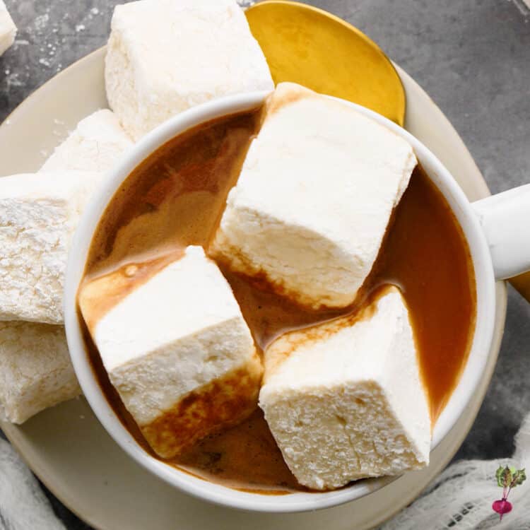 homemade vegan marshmallows in a white mug of hot chocolate