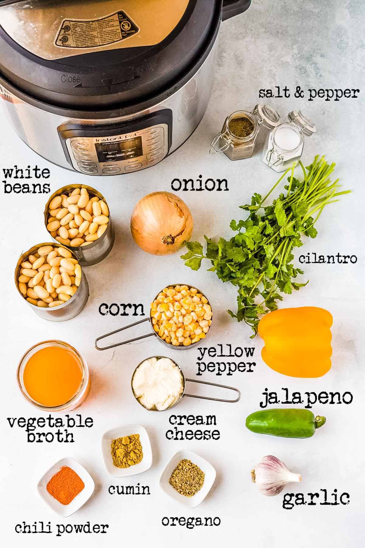 all ingredients needed for vegan white bean chili labeled and on a white background. Also an instant pot in the corner