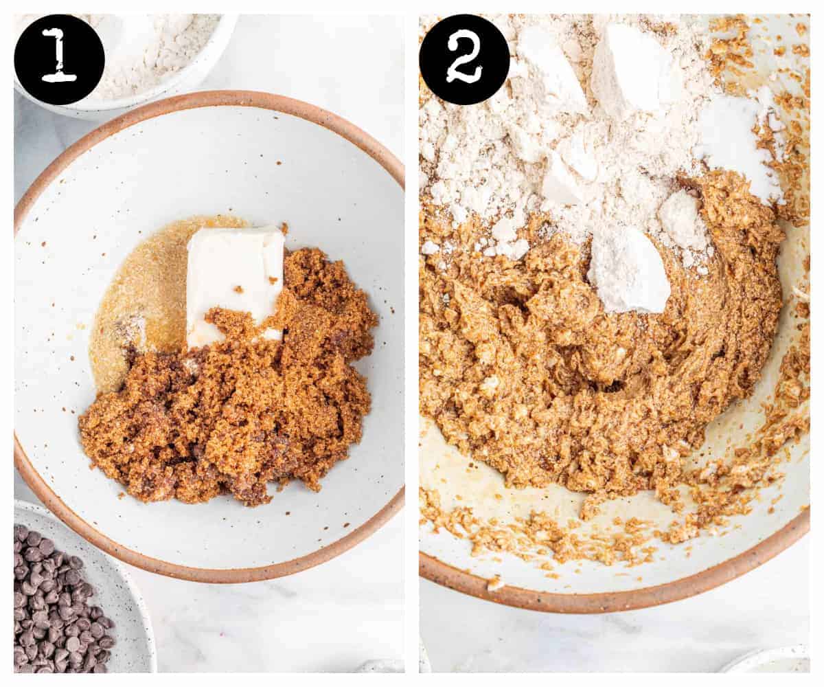 side by side image - the left image shows the butter and sugars in a bowl and the right image shows the dry ingredients being added to the wet ingredients.