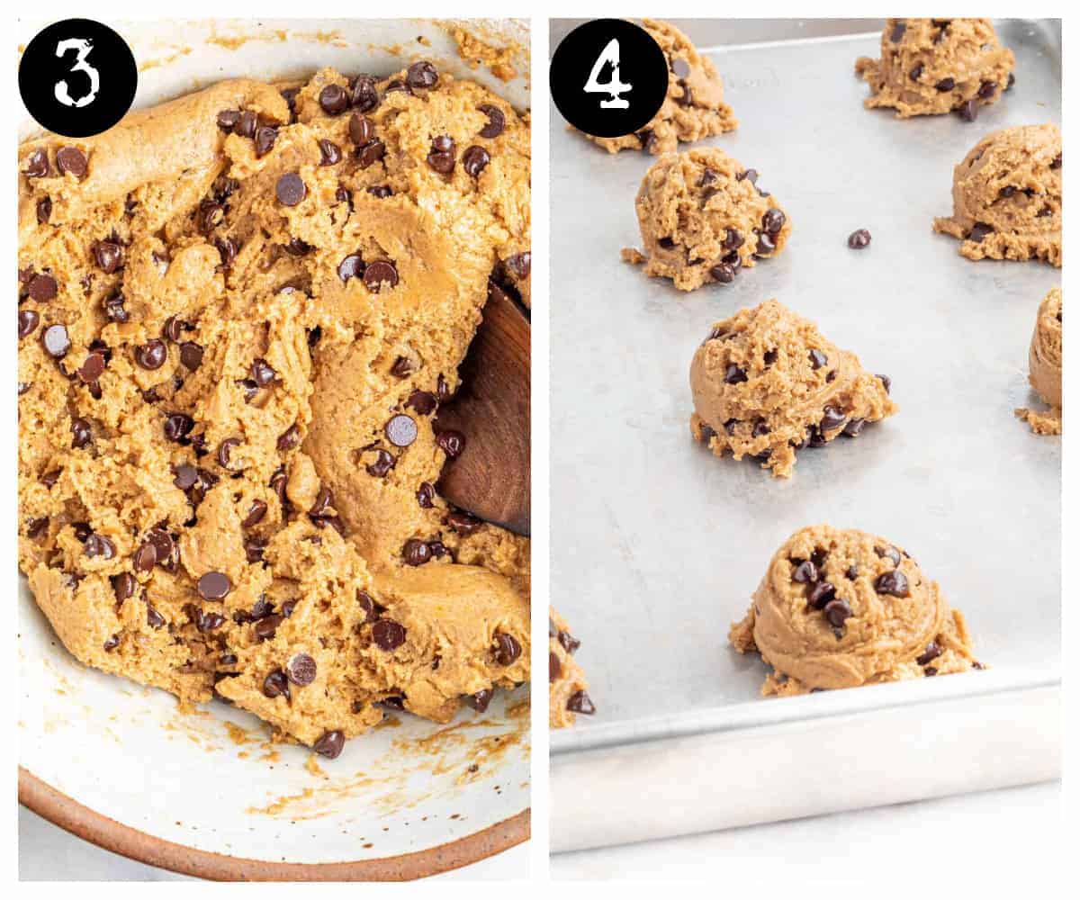 a side by side image where the left image shows chocolate chips being folded into the cookie dough and the right shows the dough in scoops on a baking sheet.