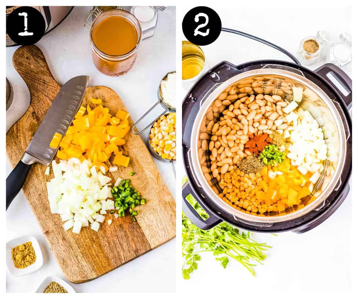 2 images showing the first 2 steps in the recipe. one of chopped veggies and the second all the ingredients in the instant pot