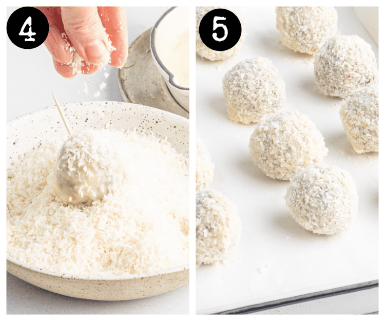 side by side collage - the left image shows the energy bites being dipped in shredded coconut - the right image shows the energy bites on a tray with parchment paper.