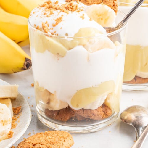 vegan banana pudding in an individual layered jar.
