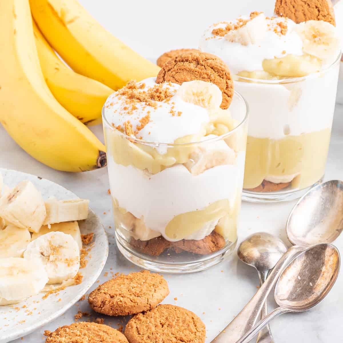 small cup of layered vegan banana pudding.