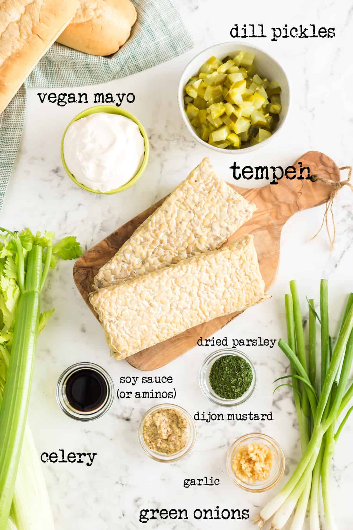 ingredients for vegan chicken salad, labeled with text.