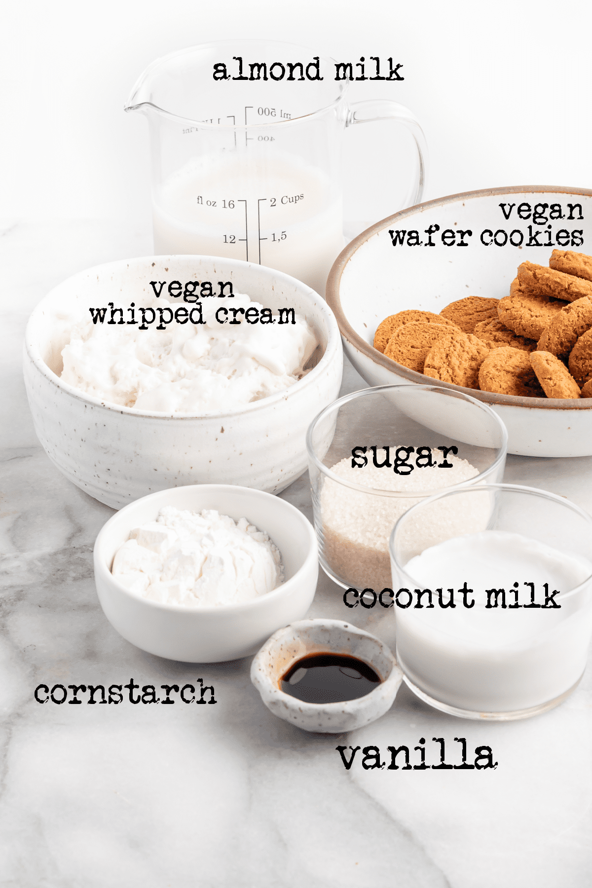 image of all ingredients needed to make vegan banana pudding, labeled with text overlays.