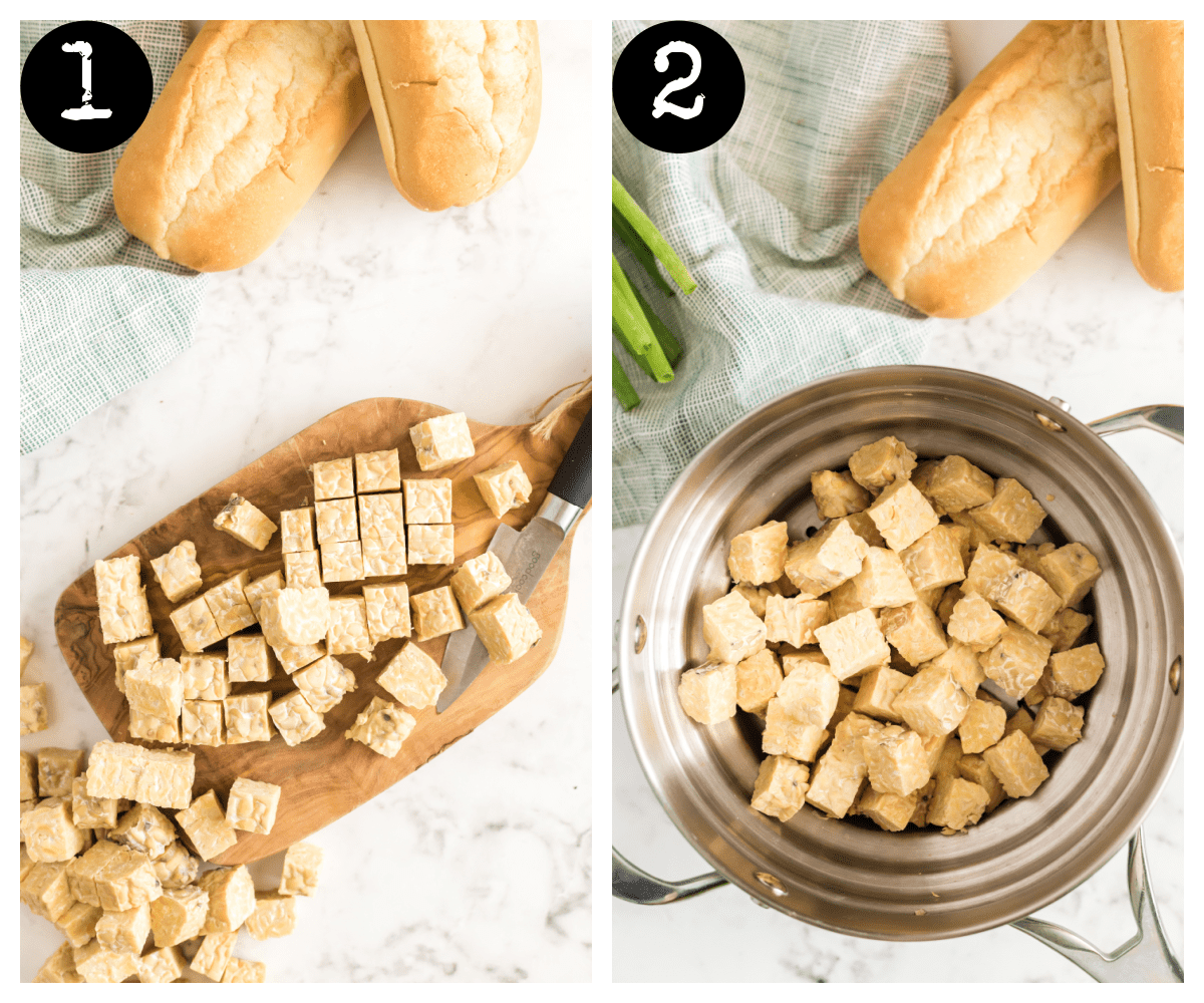 a side by side image. the left image shows tempeh cut into bite sized pieces and the right side shows the tempeh being steamed in a saucepan.