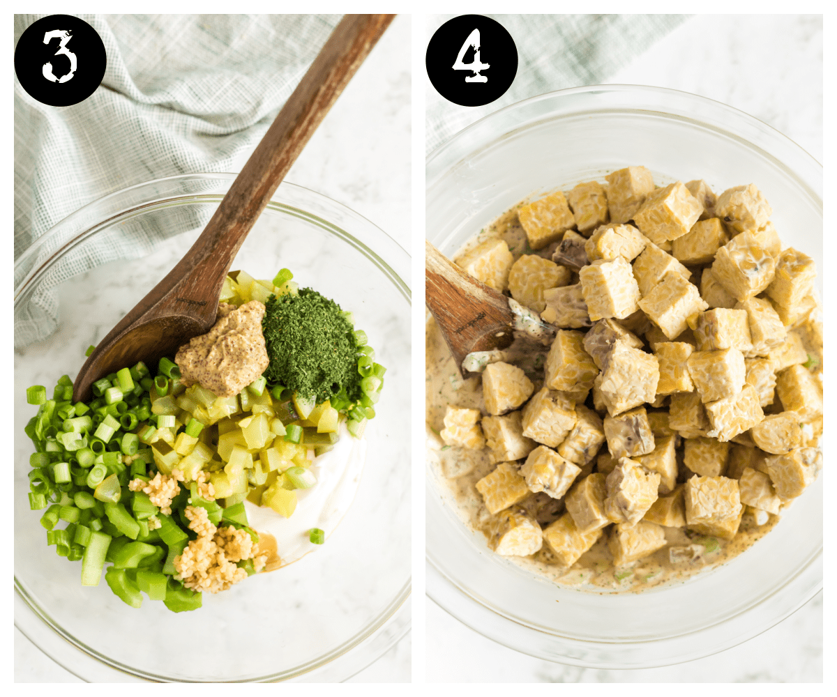 a side by side image. The left side shows ingredients for vegan chicken salad in a bowl ready to be mixed. The right side shows the tempeh added to the mix.