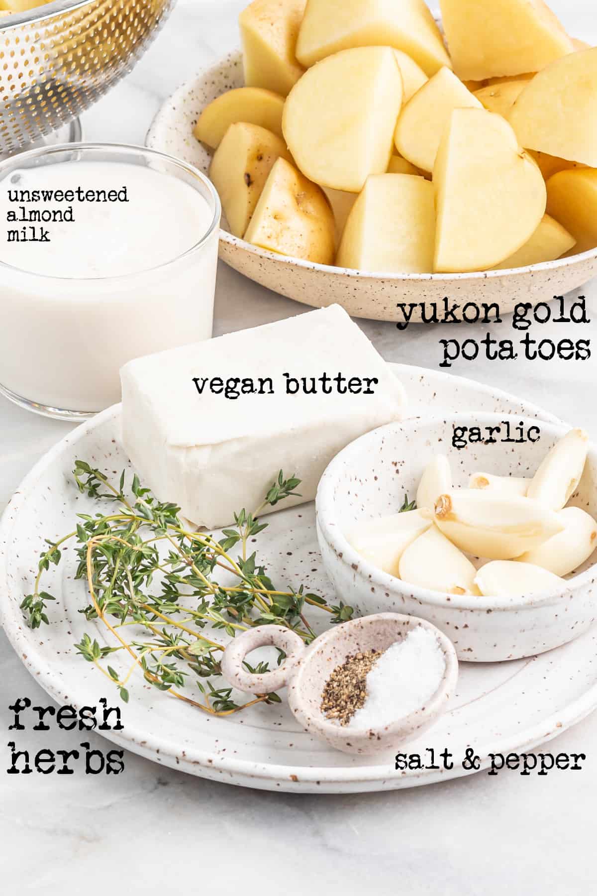 ingredients needed for vegan mashed potatoes labeled with text