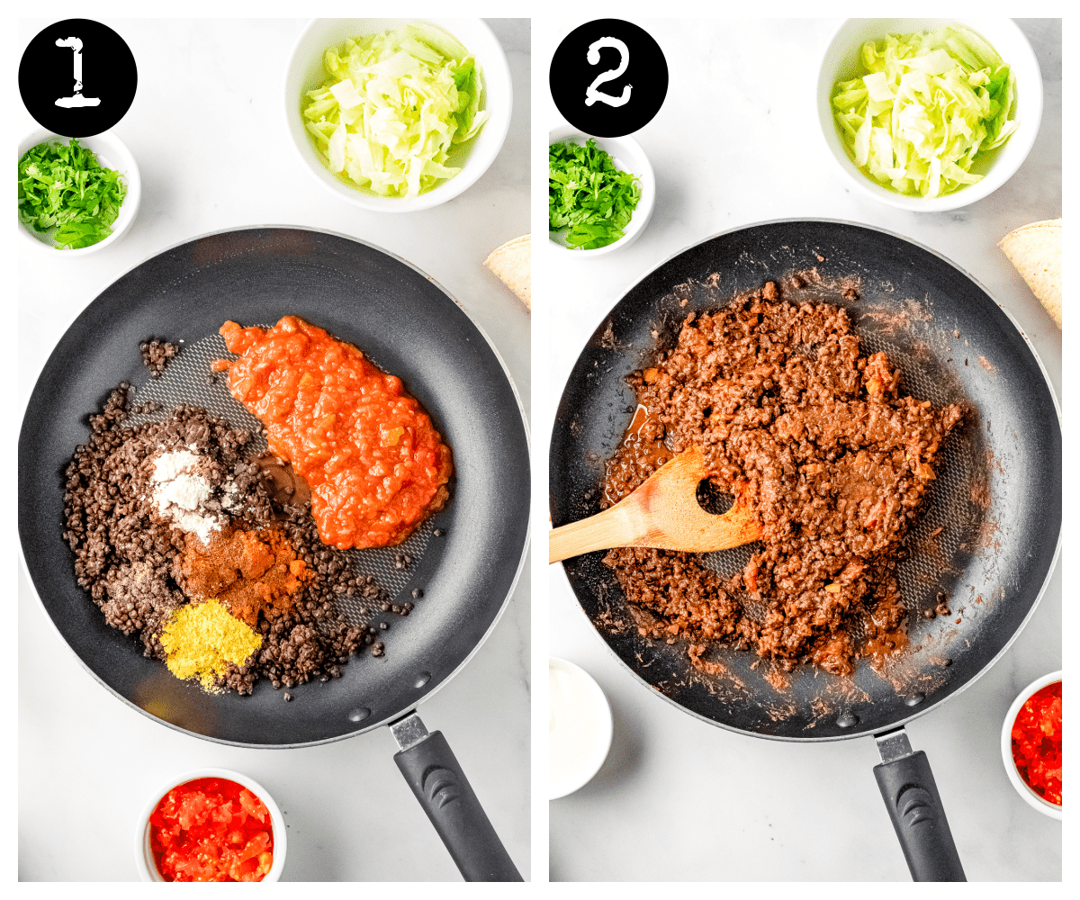 a side by side collage of 2 images. the left image shows vegan meat ingredients in a pan. The right image shows ingredients cooked together.