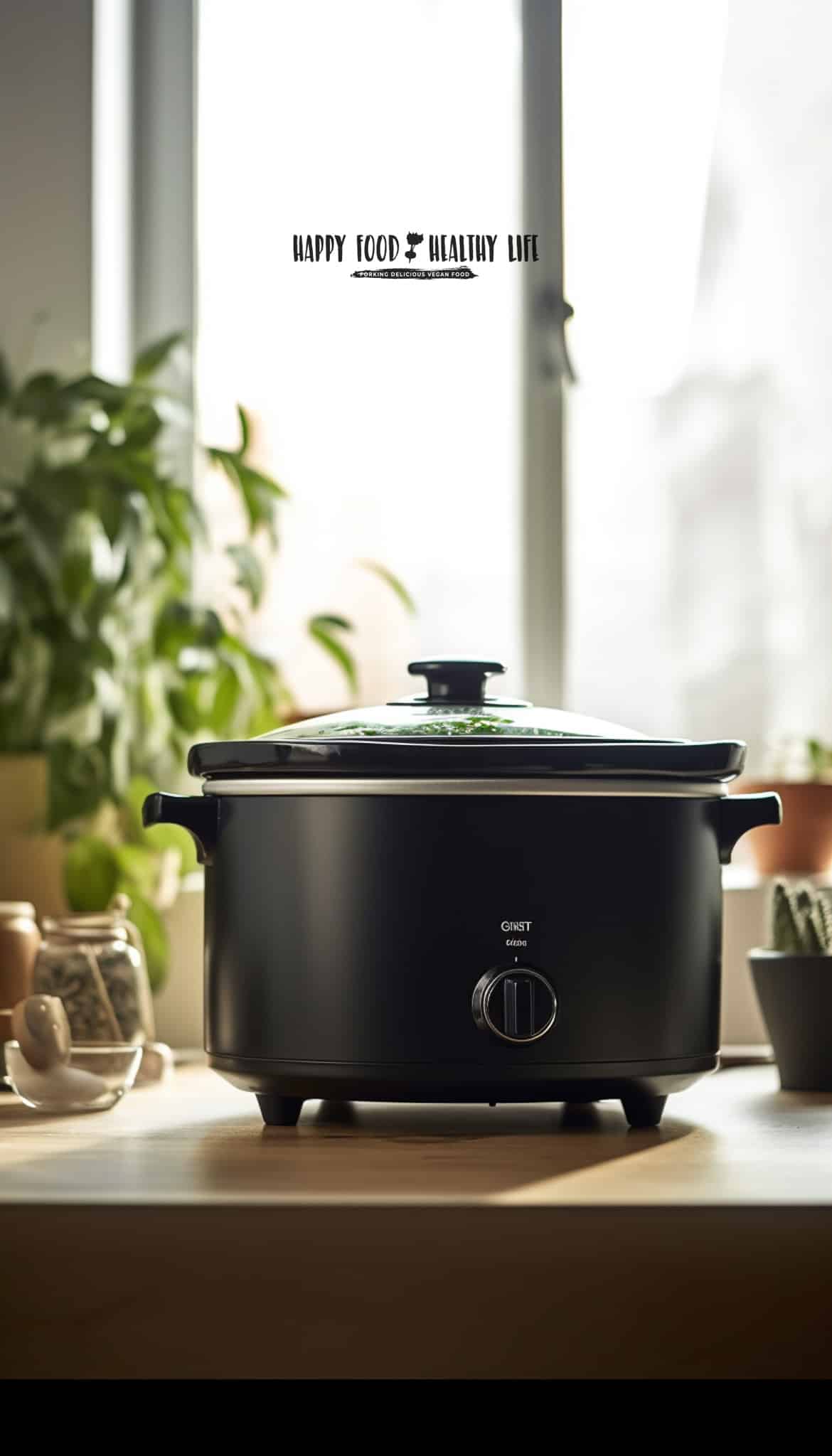 black slow cooker in a kitchen with a window behind it and green plants