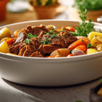 photo of a bowl of vegan pot roast, can see vegan beef tips and diced veggies, behind the bowl is a kitchen with greenery