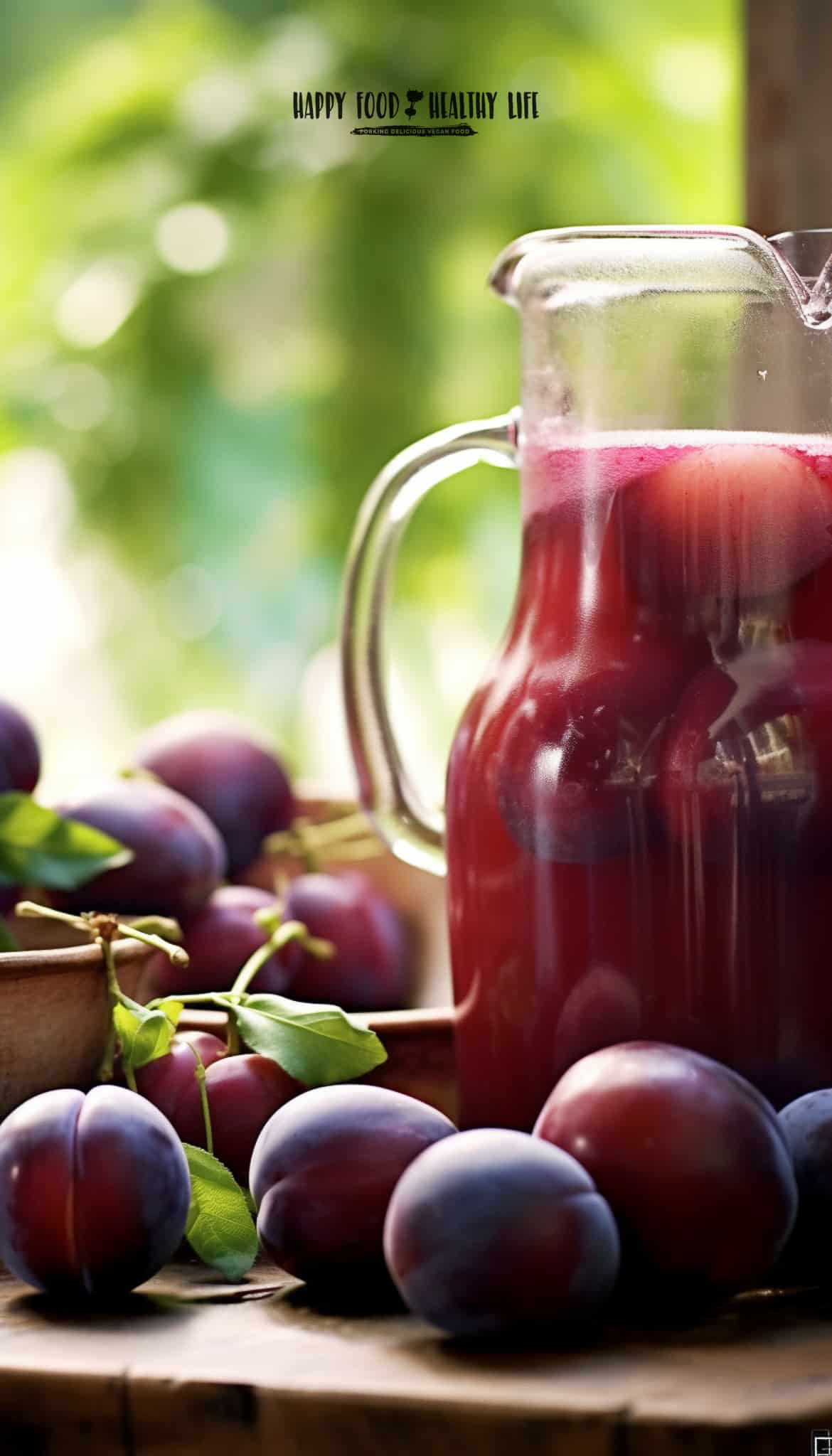 pitcher of purple liquid to the right and shiny purple plums all around it, all sitting on a wooden butcher block
