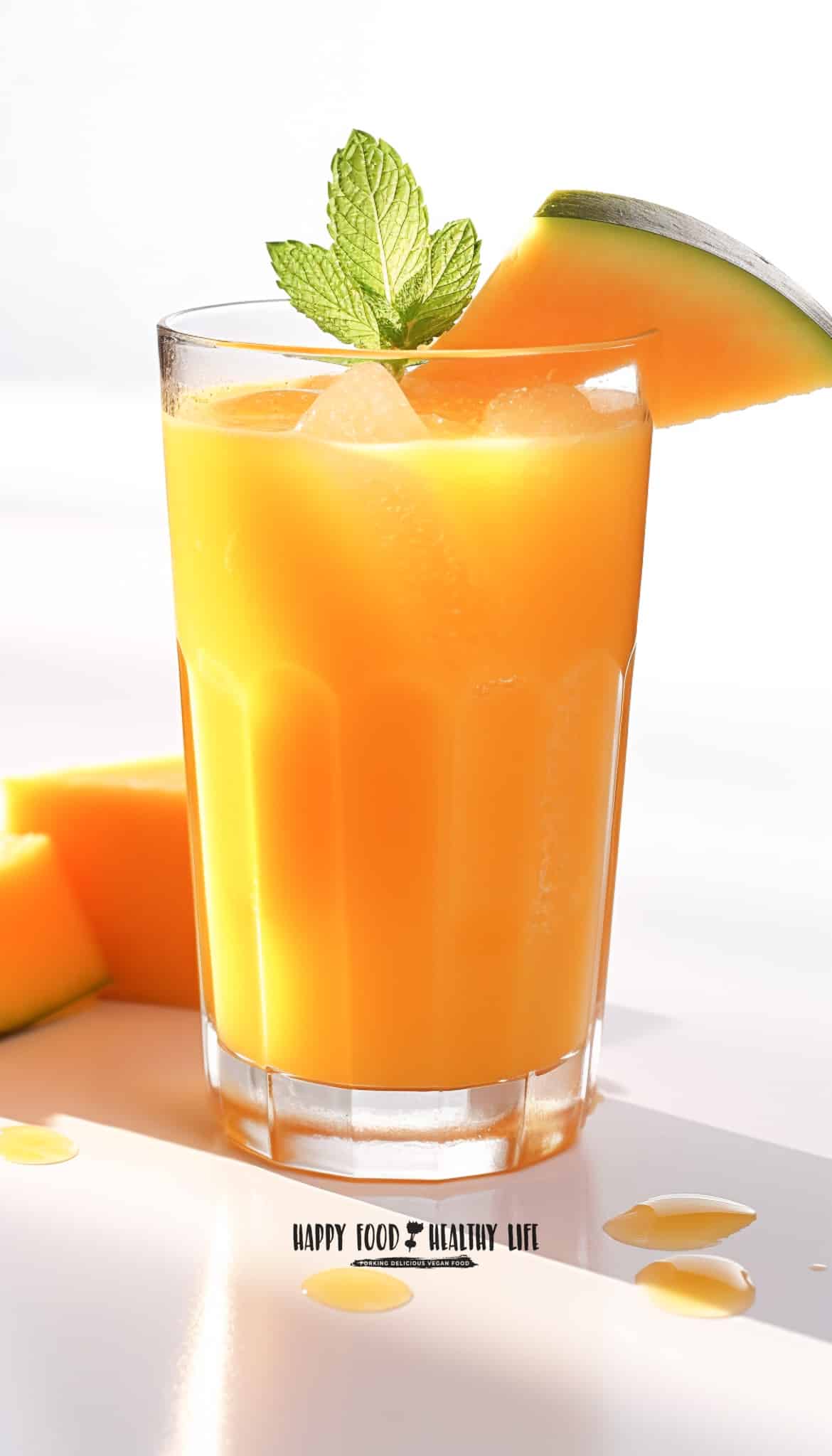 tall clear glass filled with orange liquid on a white background and a white background behind the glass.  A piece of cantaloupe on rim of glass and sprig of mint