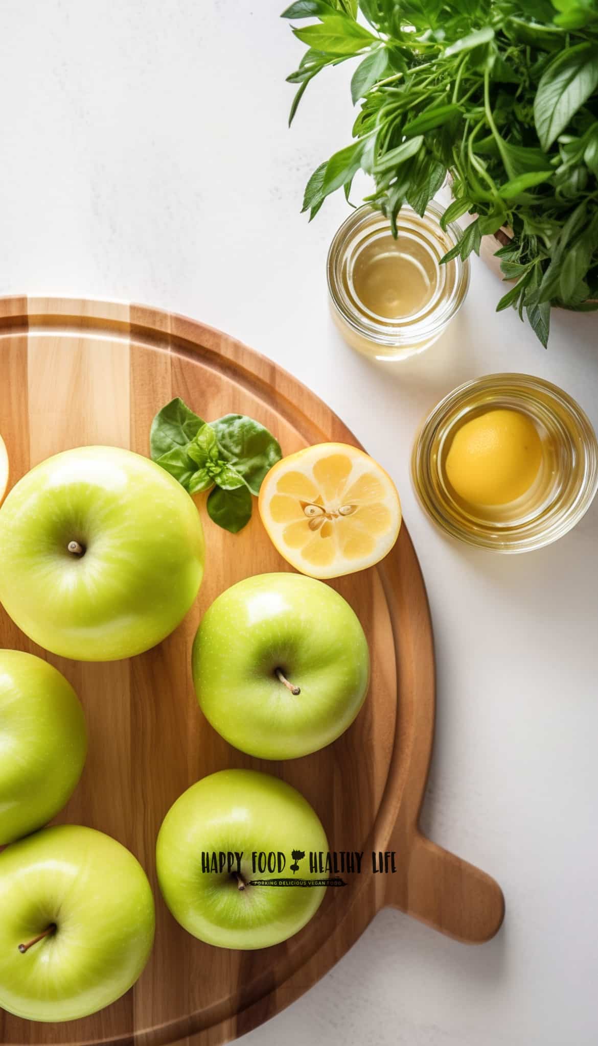 what background with butcher block round cutting board. Green apples on cutting board
