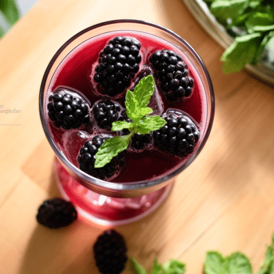 overhead top to bottom shot of a clear glass filled with thin purple liquid with blackberries and mint in the liquid and blackberries and mint beside the glass