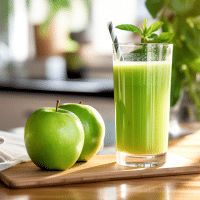 tall glass of green liquid with a straw and two apples to the left