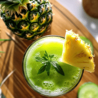 top down view of green liquid in a glass with pineapple chunk on rim, pineapple in back ground and sliced cucumber