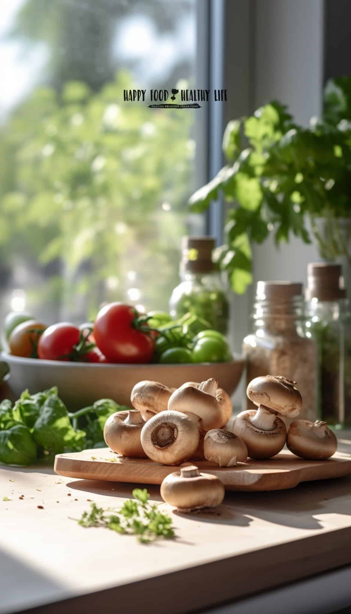 brown mushrooms on a wooden cutting board sitting in front of a bowl of tomatoes which is in front of a window with greenery