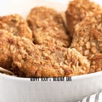 Photo of vegan fried chicken in a shallow white bowl, ready to enjoy.