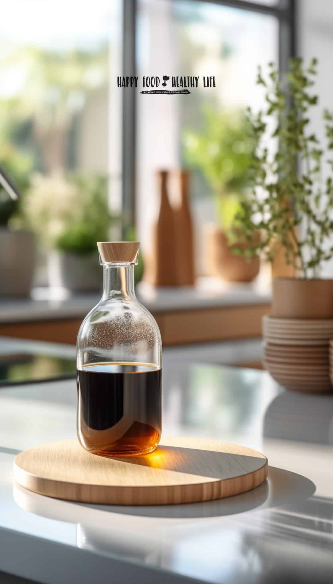 clear glass bottle half full of brown liquid in a kitchen that as blurred window and greenery behind it.